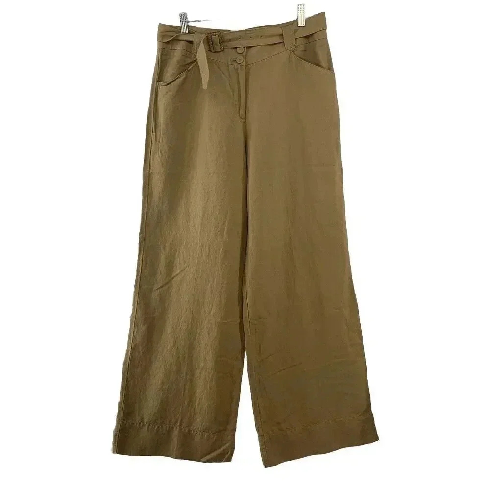 Nic+Zoe Women’s Khaki Linen Blend Wide Leg‎ Pants With Belt Size 8